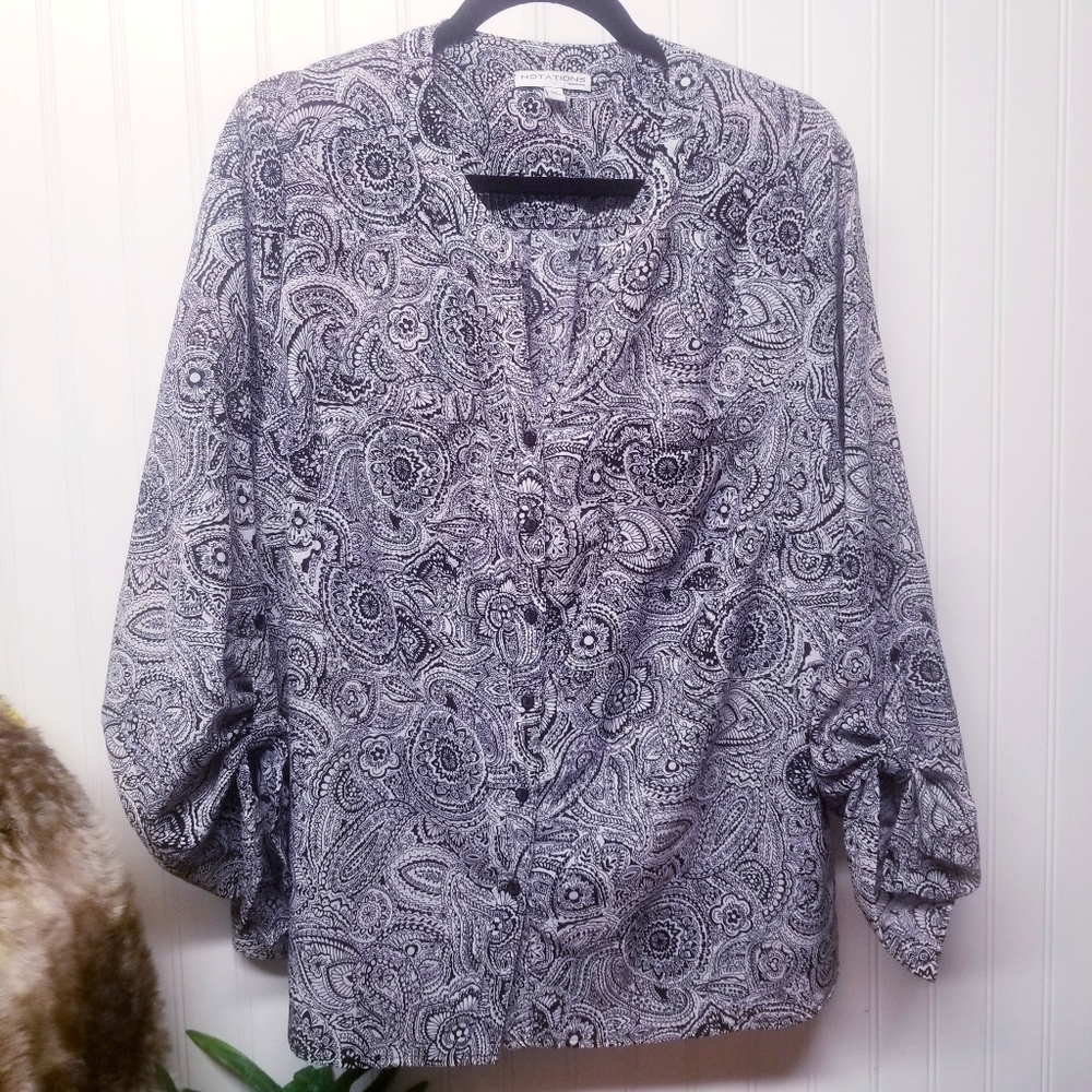 Notations Woman Shirt Sz 2X Black White Paisley